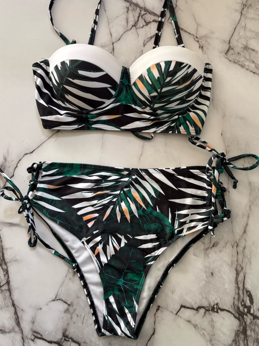 SHEIN Black & Green Tropical Leaf Tie-Side Bikini